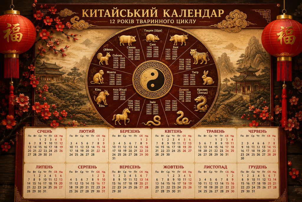 Красивий китайський календар із колом 12 тварин зодіаку, символом інь-ян та місячною сіткою на фоні пагод і ліхтарів