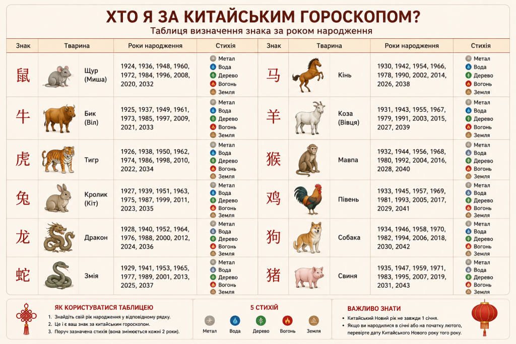 Інфографіка з таблицею 12 знаків китайського зодіаку, роками народження та стихіями